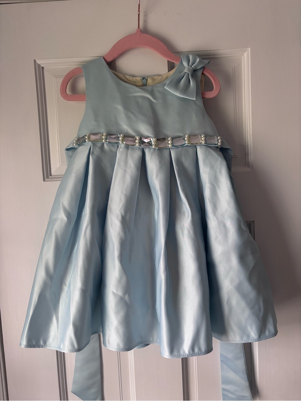 Light Blue Girls' Satin Party Dress with Crystal Waist